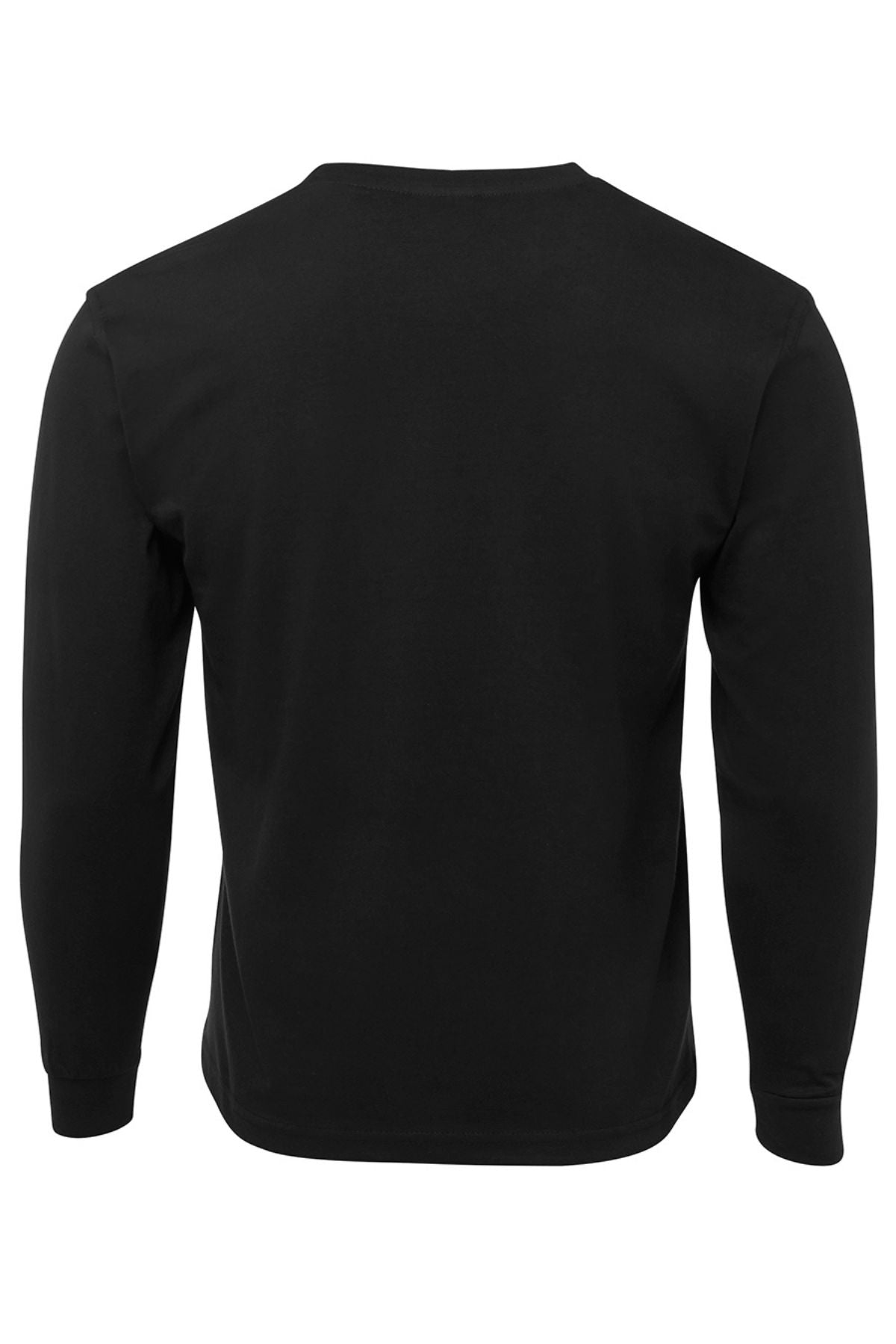 The JBs Long Sleeve T-Shirt is shown from the back in plain black, featuring a classic fit and simple design with no logos or decorations. Made from 100% cotton, it offers all-day comfort.