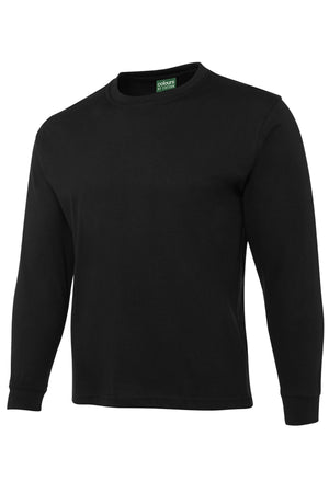 The JBs Long Sleeve T-Shirt is a classic fit, plain black crew neck, made from 100% cotton, shown on a white background.