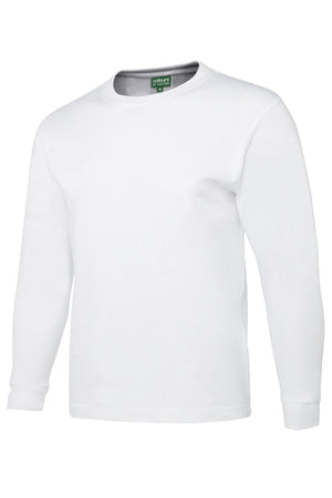 The JBs Long Sleeve T-Shirt, shown in pure white against a white background, is made from 100% cotton with ribbed cuffs, a relaxed fit, and a visible green tag inside the collar.