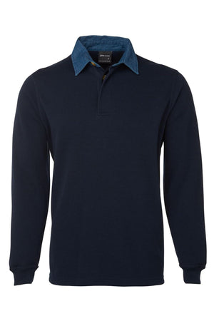 The JBs Rugby is a long-sleeved, dark navy polo shirt featuring a blue denim collar, ideal for smart casual wear, shown on a plain white background.