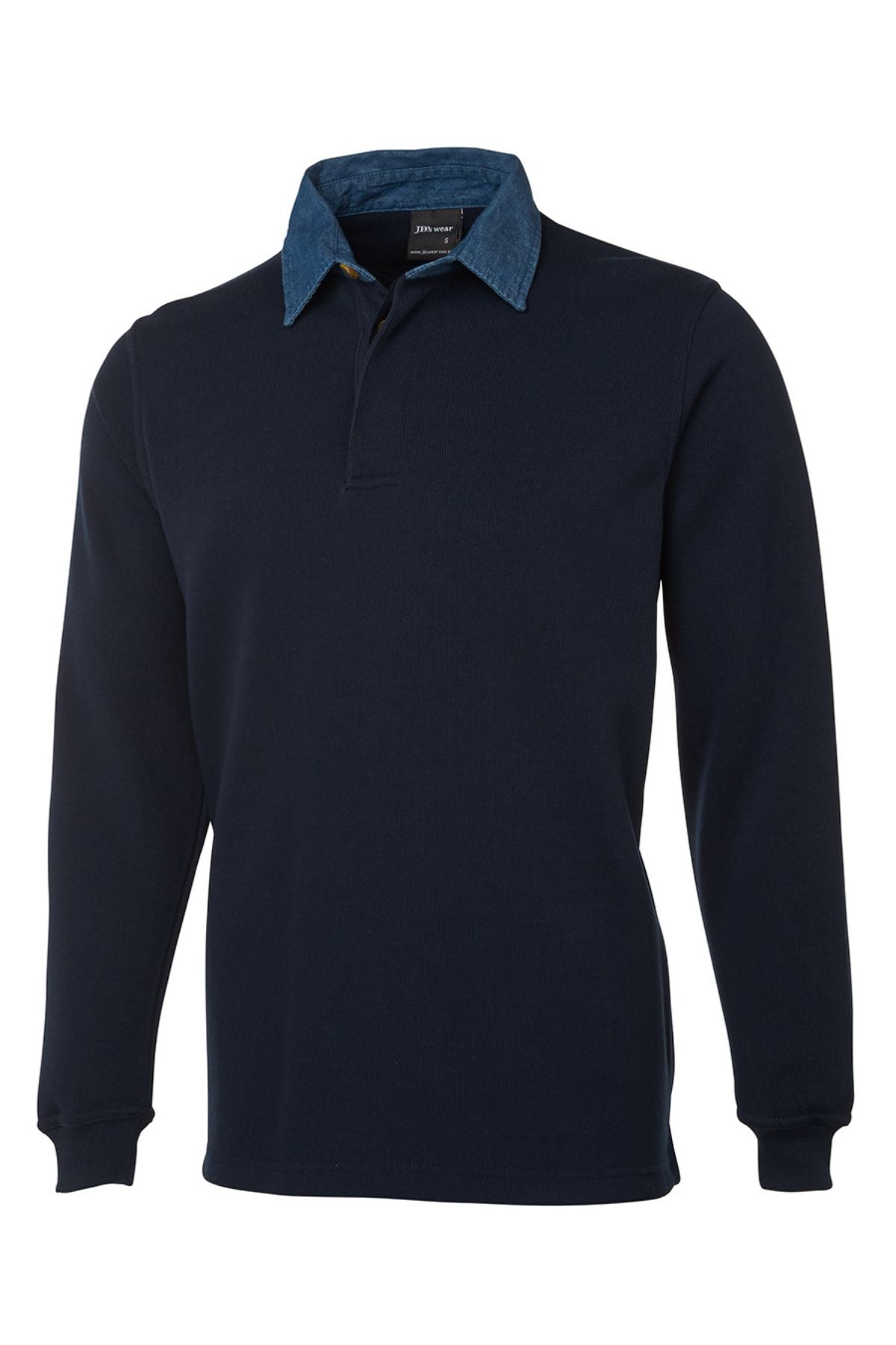 The JBs Rugby is a long-sleeve navy blue polo with ribbed cuffs and a denim collar, ideal for casual style. Shown on a plain white background.