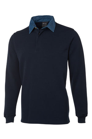 The JBs Rugby is a long-sleeve navy blue polo with ribbed cuffs and a denim collar, ideal for casual style. Shown on a plain white background.