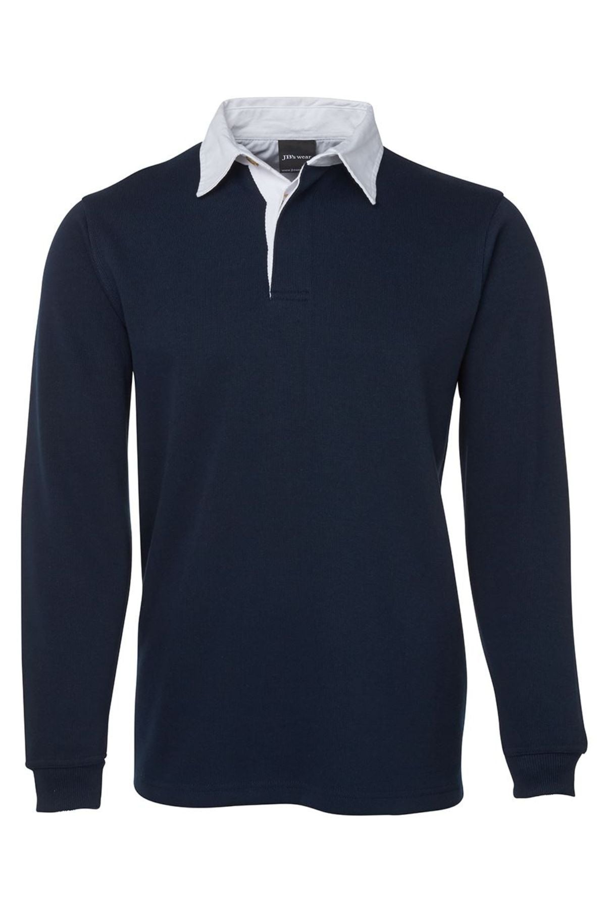JBs Rugby: A navy blue long-sleeve rugby shirt with a white collar and inner placket, perfect as a stylish winter jumper, shown against a plain white background.