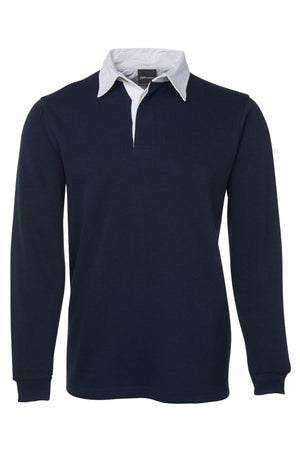 JBs Rugby: A navy blue long-sleeve rugby shirt with a white collar and inner placket, perfect as a stylish winter jumper, shown against a plain white background.