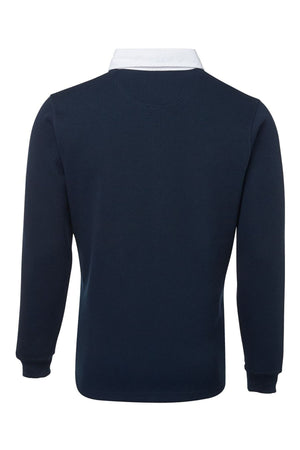 Back view of the JBs Rugby shirt—navy blue with long sleeves and a white collar—ideal for layering as a casual jumper, displayed against a plain white background.