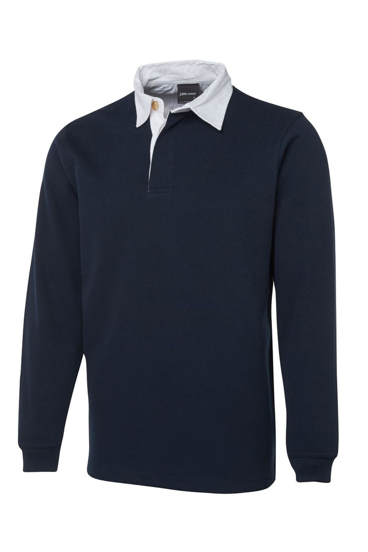 The JBs Rugby is a long-sleeved, dark navy shirt featuring a white collar, buttoned placket, and ribbed cuffs—ideal for casual style. Displayed on a plain white background.