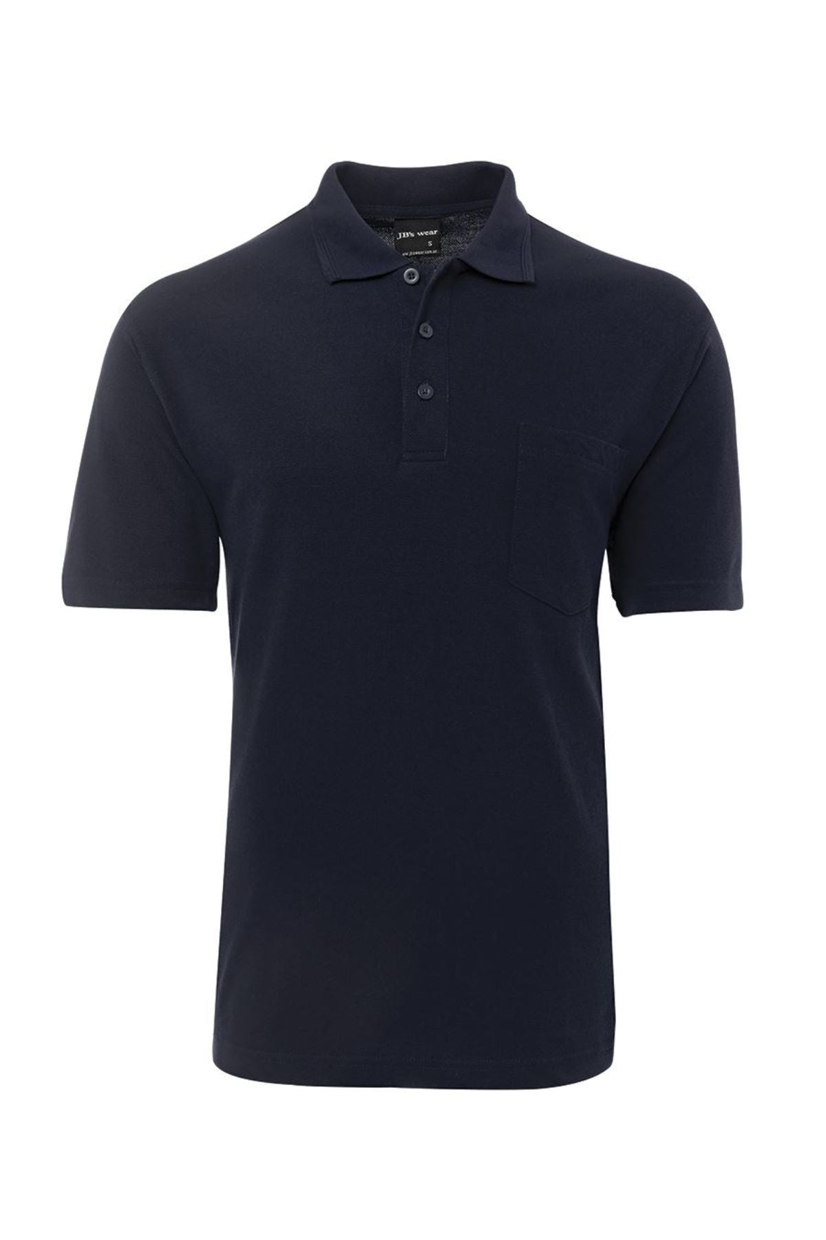 The JBs Pocket Polo is a plain, regular fit polo in dark navy blue featuring short sleeves, a collar, three-button placket, and chest pocket, shown on a white background.