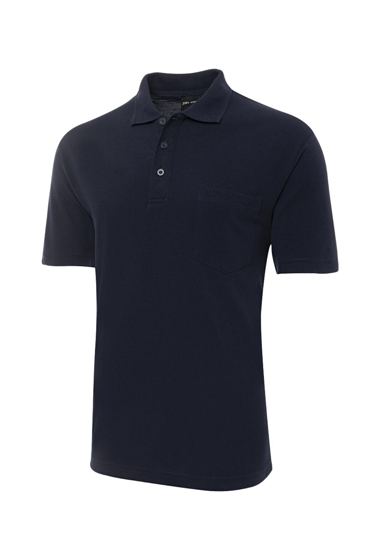 A JBs Pocket Polo in plain navy blue, featuring short sleeves, a collar, three buttons, and a chest pocket, shown against a white background.