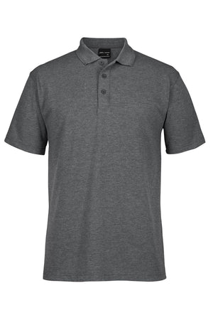 The JBs Short Sleeve Polo is a plain, dark gray shirt with short sleeves, a collar, and three front buttons, shown on a white background.