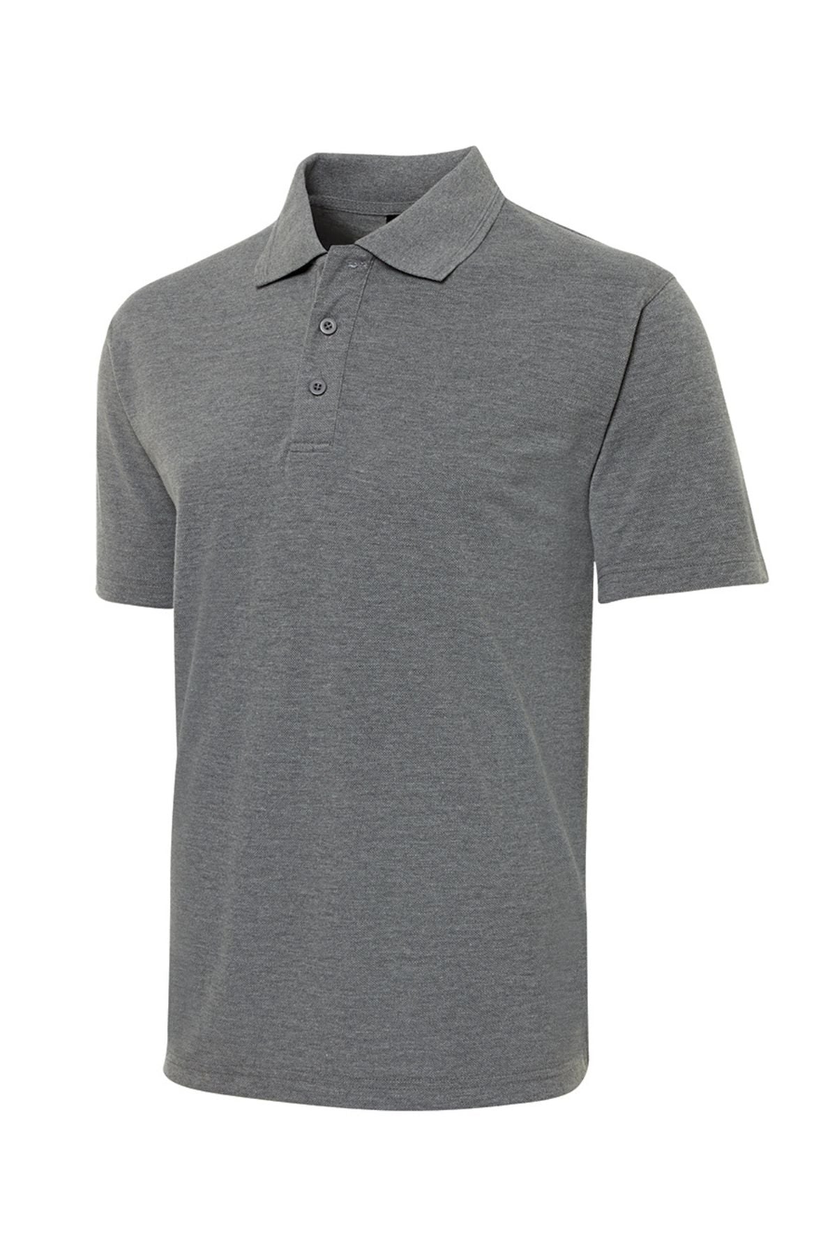 The JBs Short Sleeve Polo is a gray, collared shirt with three front buttons and UPF protection, shown on a white background.