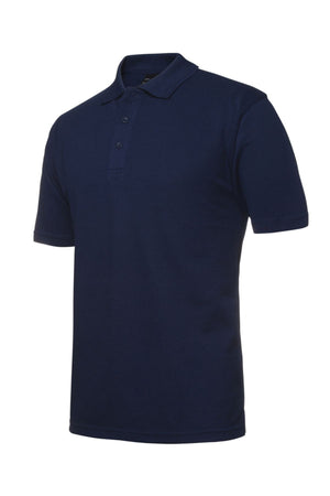 JBs Short Sleeve Polo: Navy blue classic with collar and 3-button placket, features UPF protection—perfect for durable workwear. Shown on a white background.