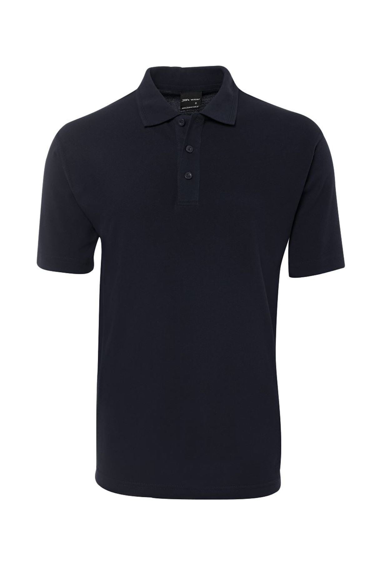 The JBs Short Sleeve Polo, shown on a white background, is a plain black shirt with a classic collar and three-button placket. Crafted for durability and UPF protection, it’s ideal for everyday comfort.