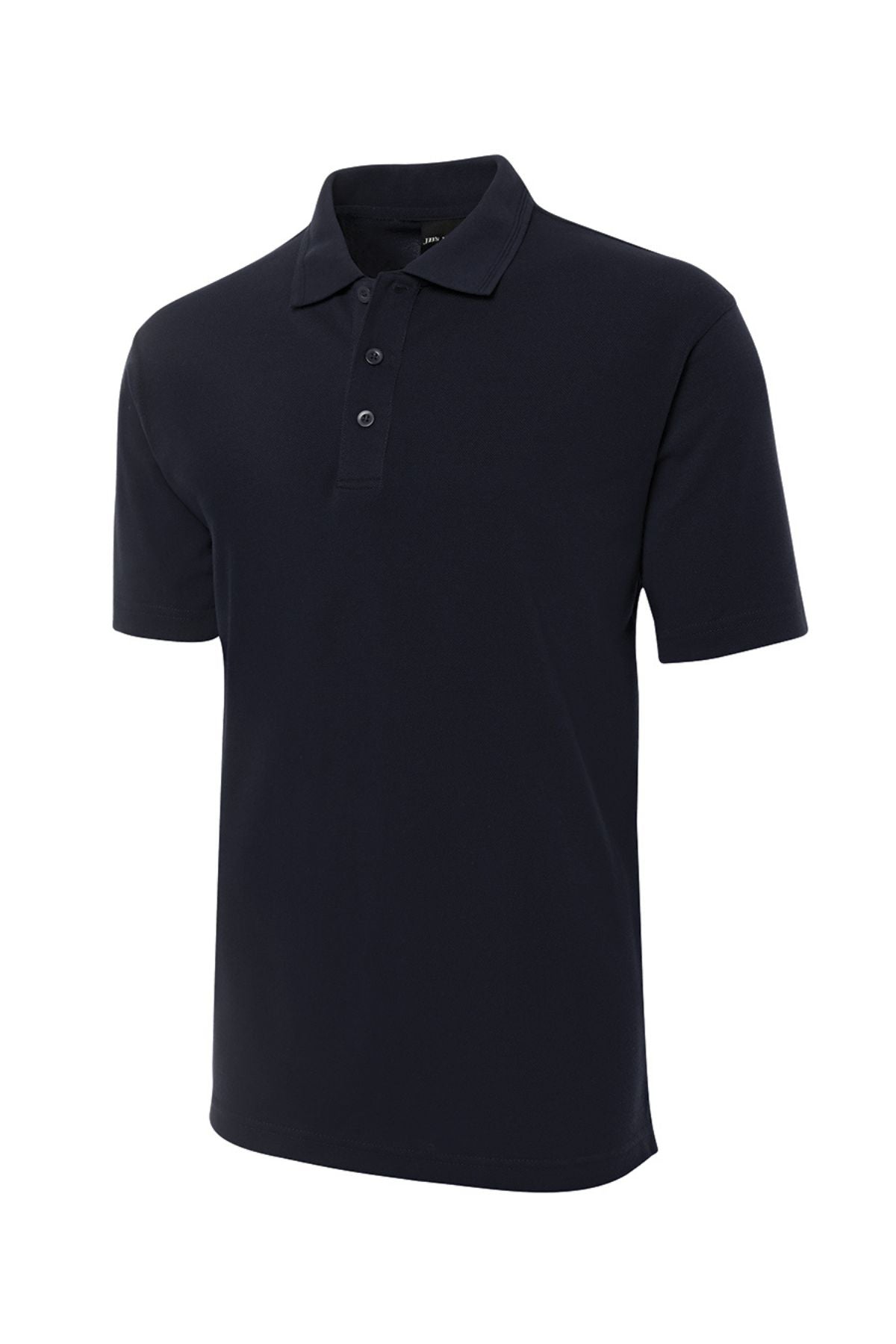 The JBs Short Sleeve Polo is a comfortable, plain black shirt with short sleeves, a collar, and three front buttons, shown on a white background.