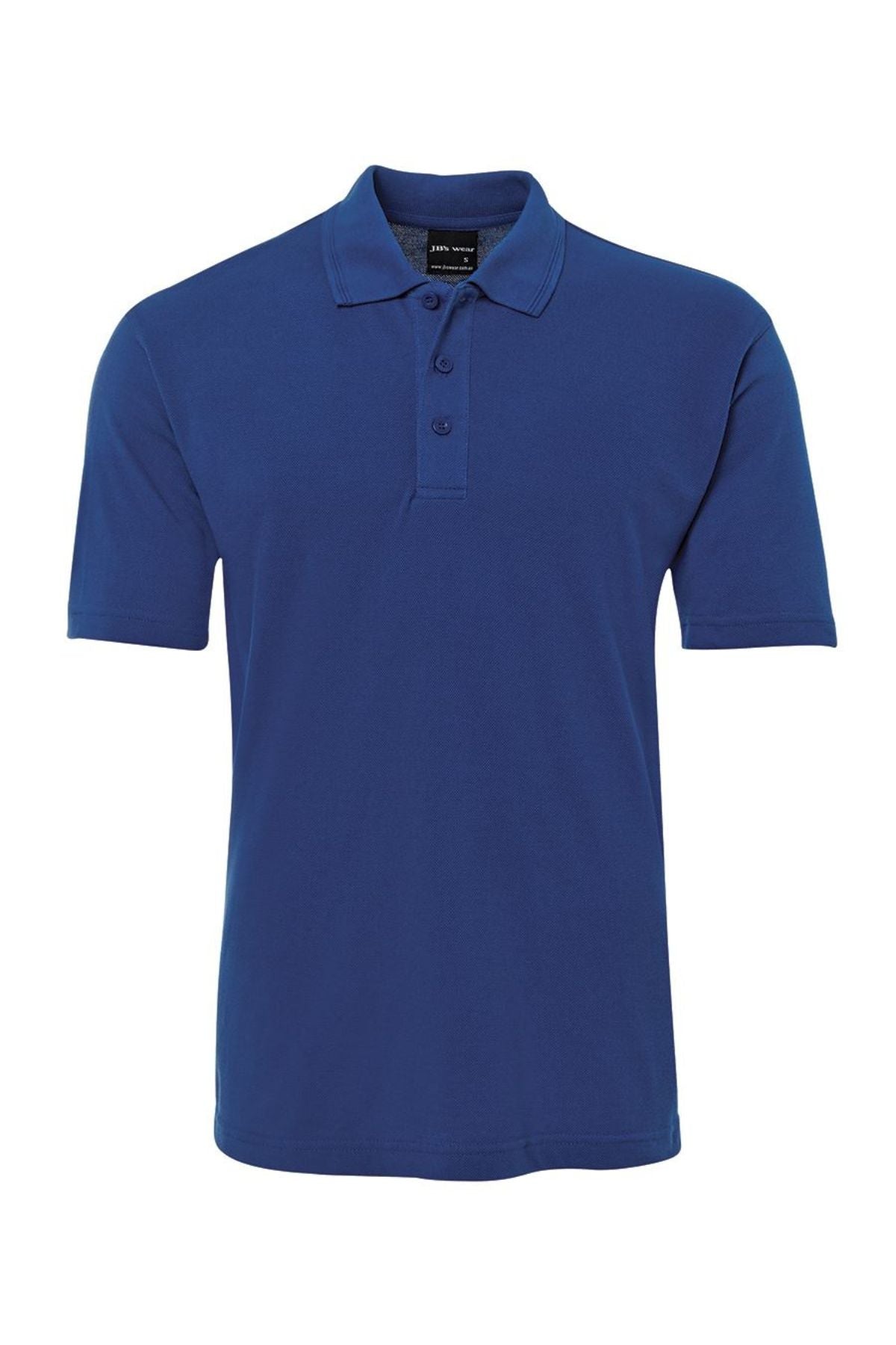 The JBs Short Sleeve Polo is a durable navy blue workwear shirt featuring a collar and three-button placket, short sleeves, and is displayed on a white background.