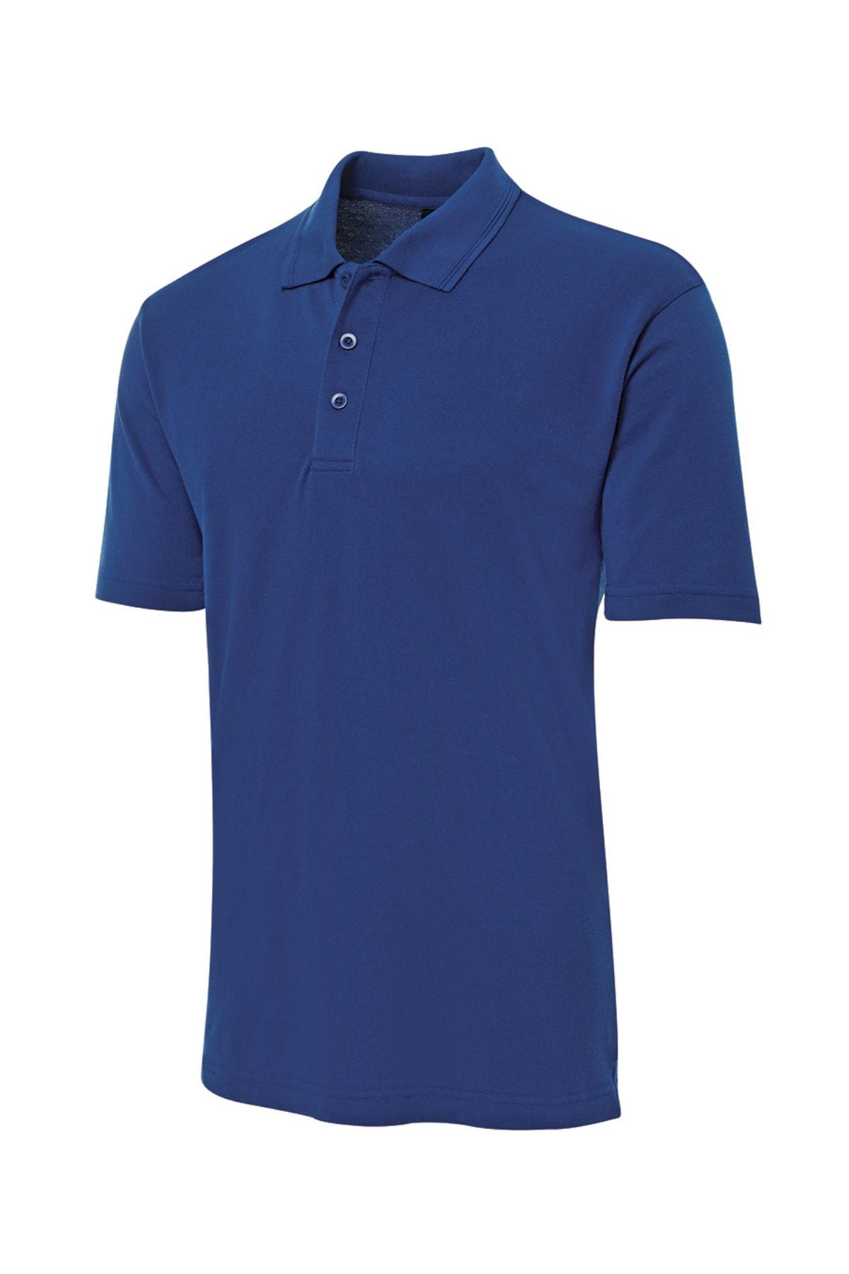 The JBs Short Sleeve Polo is a blue, collared shirt with three buttons and UPF protection, shown on a white background.