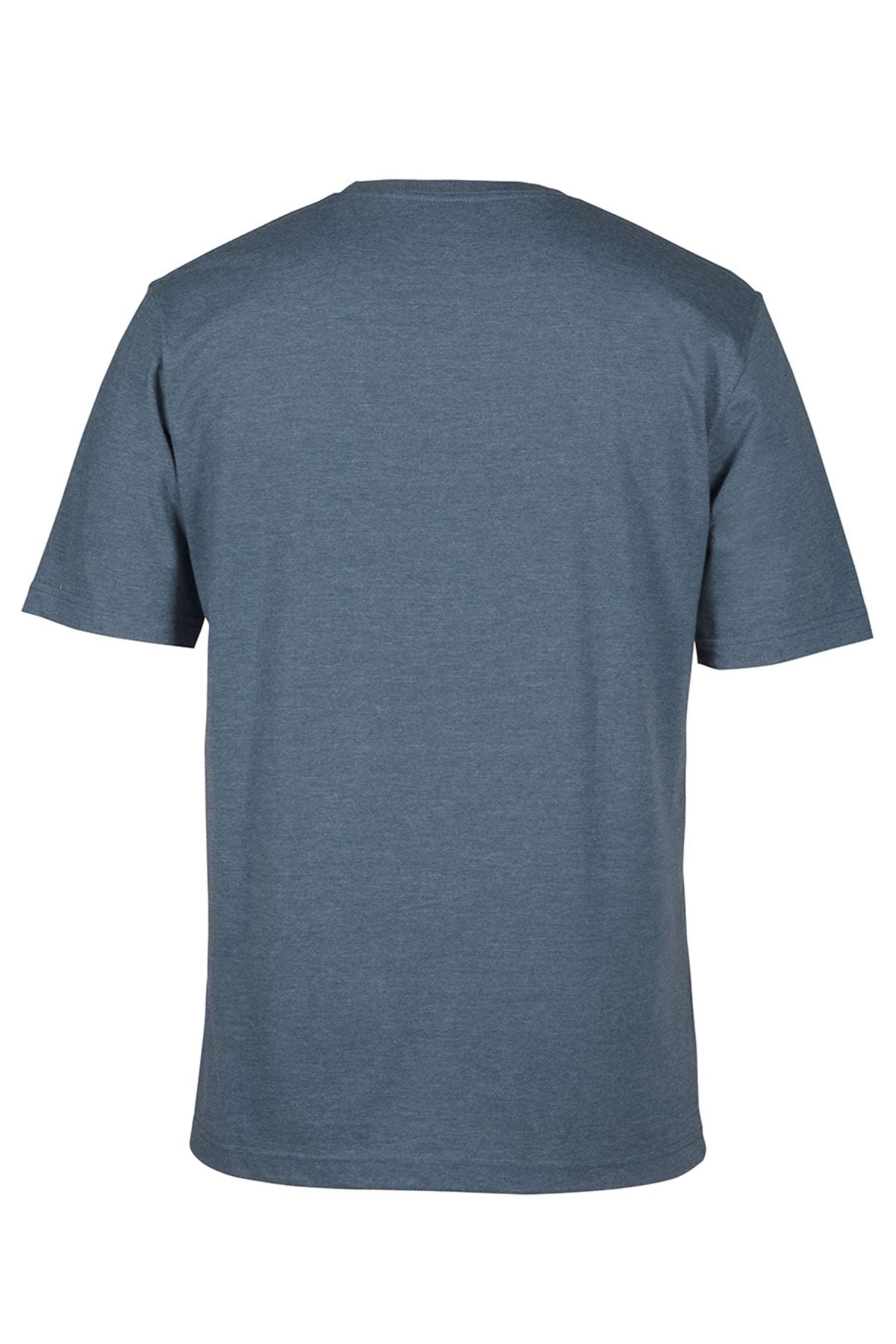 The JBs Short Sleeve T-Shirt, shown from the back against a white background, features a plain design in heather blue with short sleeves, made from 100% cotton and offers UPF 50+ protection.