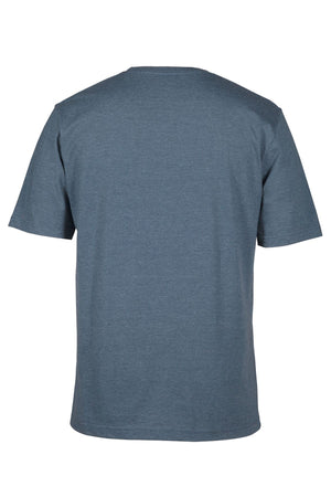 The JBs Short Sleeve T-Shirt, shown from the back against a white background, features a plain design in heather blue with short sleeves, made from 100% cotton and offers UPF 50+ protection.