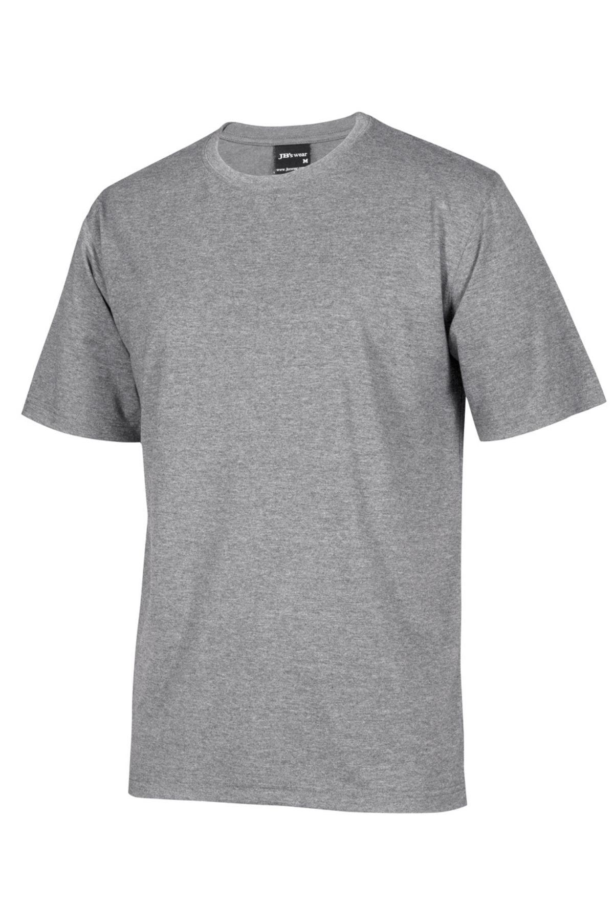 The JBs Short Sleeve T-Shirt, featuring a crew neck and soft ring-spun grey jersey knit, is shown against a white background.