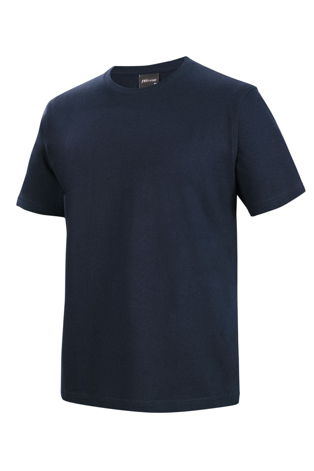 The JBs Short Sleeve T-Shirt in navy blue, made from 100% cotton, is shown against a white background highlighting its front and left side.
