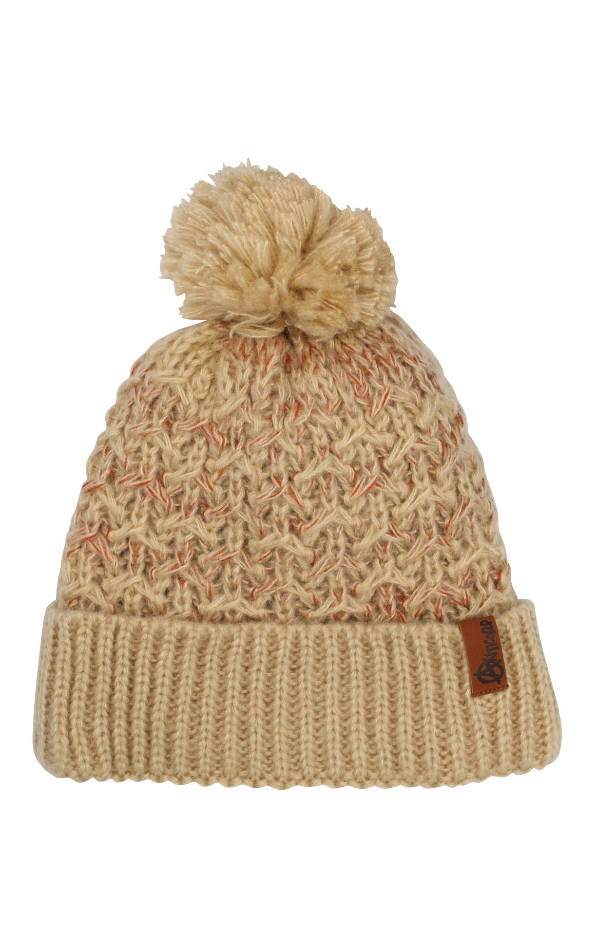The Anticorp Ladies Diamond Lined Beanie is beige with a textured knit, folded brim, pom-pom top, and small brown tag—ideal for staying warm in cold weather.