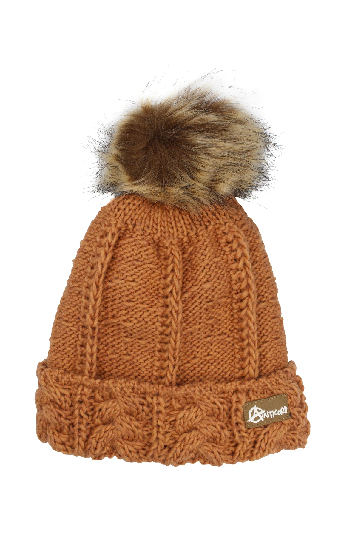 The Anticorp Ladies Pleat Beanie in brown features rib knit detailing, a large faux fur pom-pom, and a folded brim with a small fabric logo tag—ideal for keeping warm in cold weather.