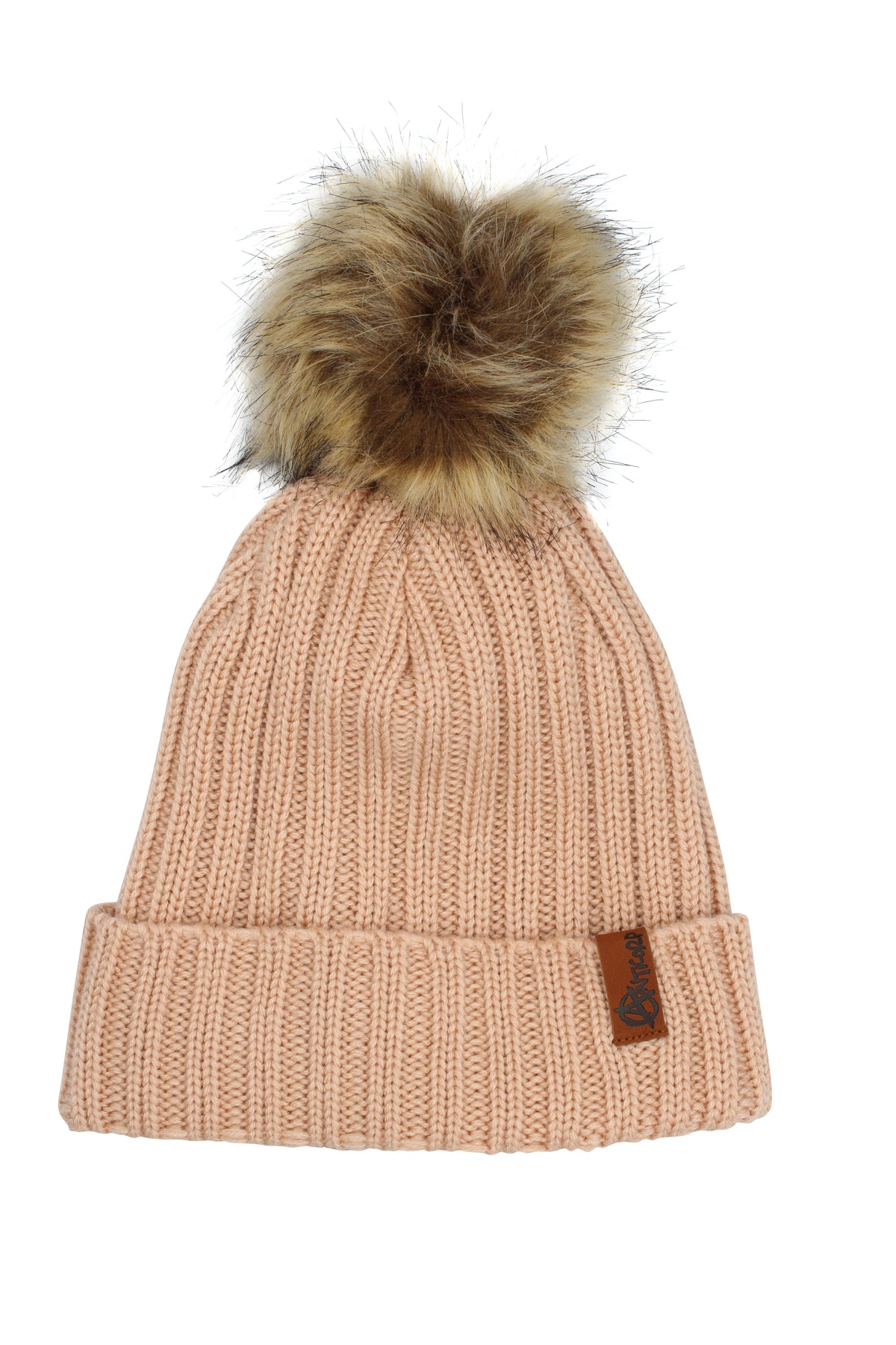 The Anticorp Ladies Snuggly Beanie is a light pink knit winter hat with a folded brim, brown leather patch, and large faux fur pom-pom—stylish and perfect for keeping cozy all season.