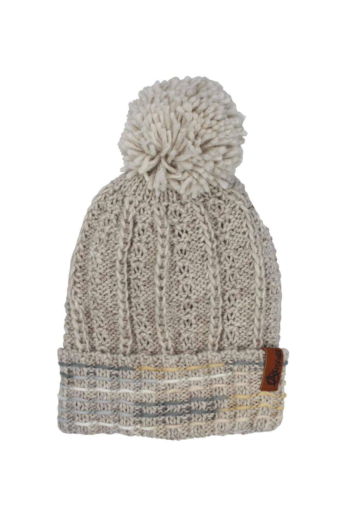 Introducing the Anticorp Ladies Southerly Lined Beanie, a cozy knitted beige hat ideal for cold weather. It features a textured pattern, fluffy pom-pom, and folded brim with a brown leather tag, ensuring style and warmth.