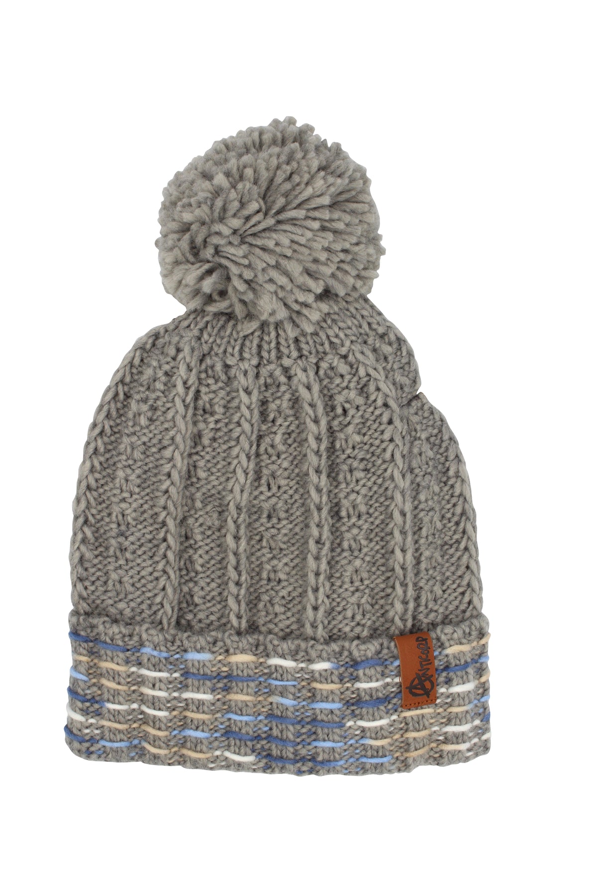The Anticorp Ladies Southerly Lined Beanie is a gray knit hat with multicolored stripes, a large pom-pom, folded brim, and small brown leather tag—ideal for keeping warm in cold weather.
