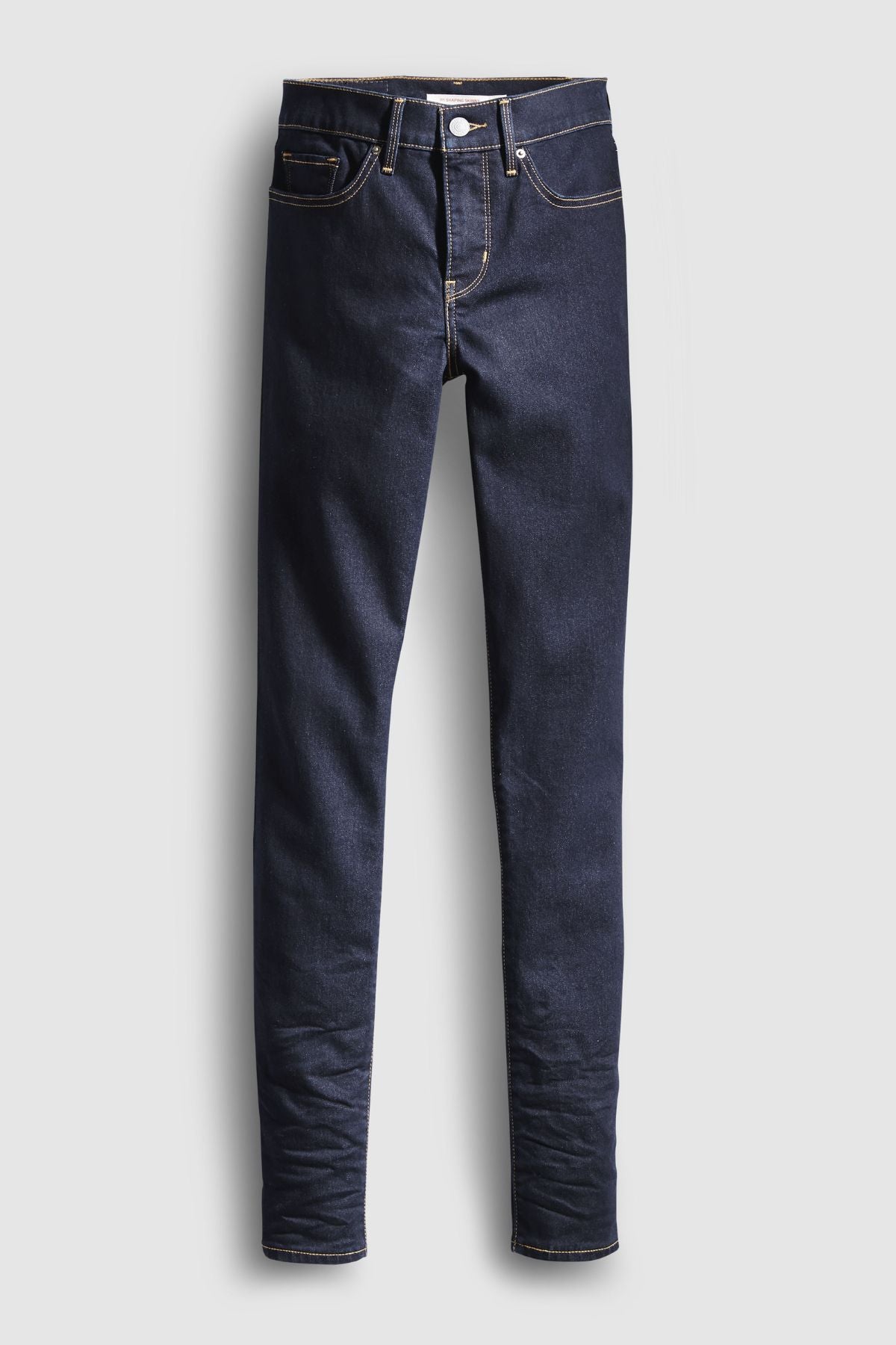 The Levis 311 Shaping Skinny Jean features dark blue stretch denim, yellow stitching, five pockets, and a button fly, shown against a light gray background.