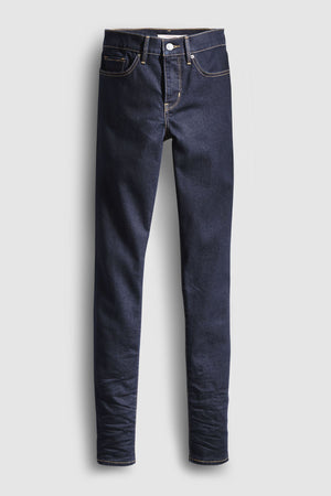 The Levis 311 Shaping Skinny Jean features dark blue stretch denim, yellow stitching, five pockets, and a button fly, shown against a light gray background.