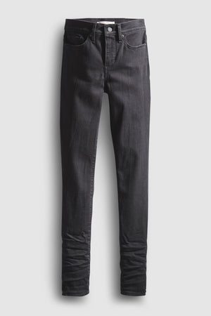 A pair of Levis 311 Shaping Skinny Jeans in classic black, featuring front and back pockets with a button and zipper closure, displayed on a plain light background.