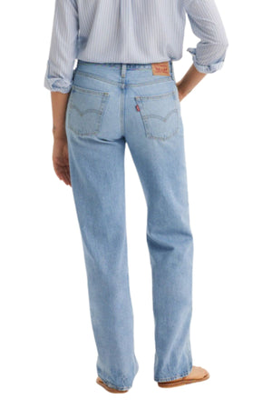 A person stands with their back to the camera against a white background, wearing light blue Levi's '94 Baggy Jean, a light blue striped shirt with rolled sleeves, and brown sandals.