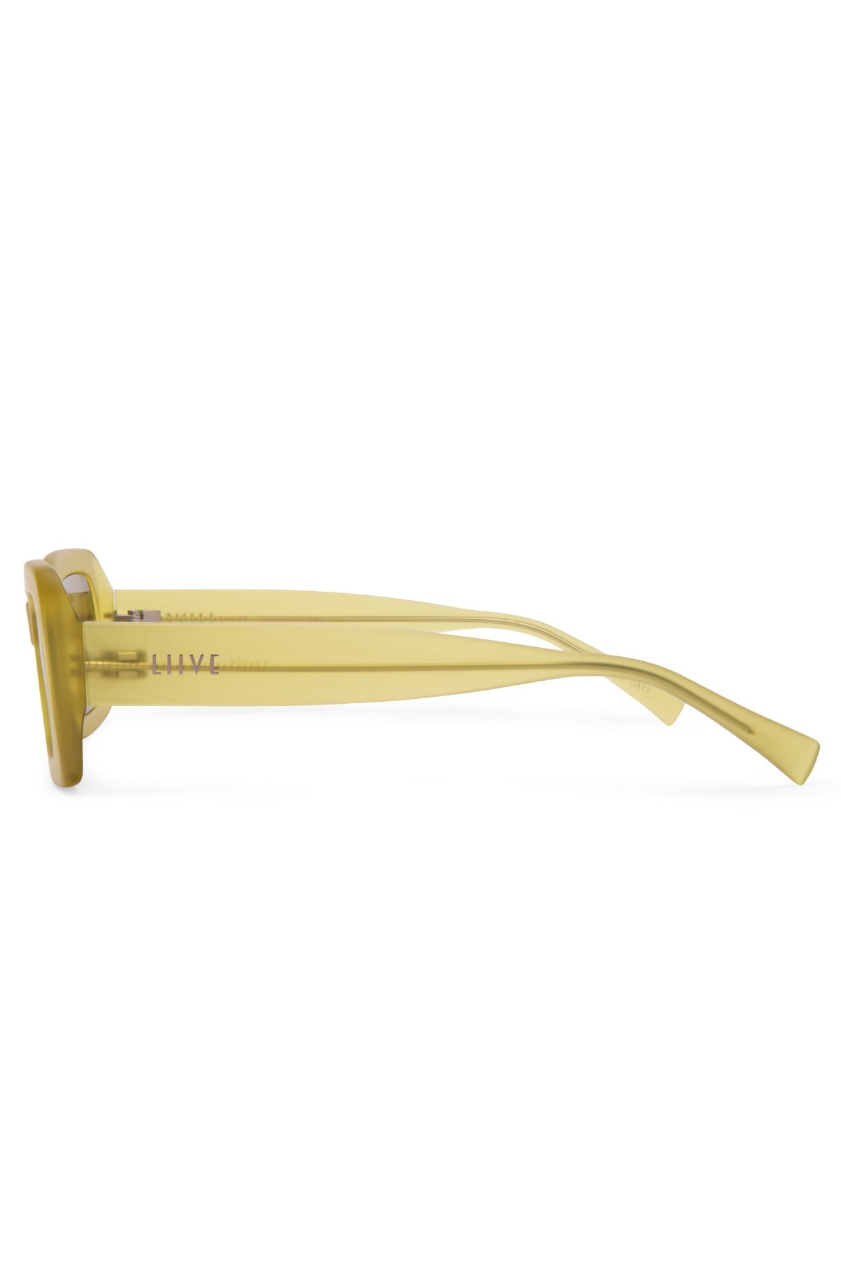 The Liive Crush Sunglasses feature translucent yellow polycarbonate frames with a flat top and subtly curved temples, evoking vintage 90s style. They offer UV protection and a minimalist, modern aesthetic on a white background.