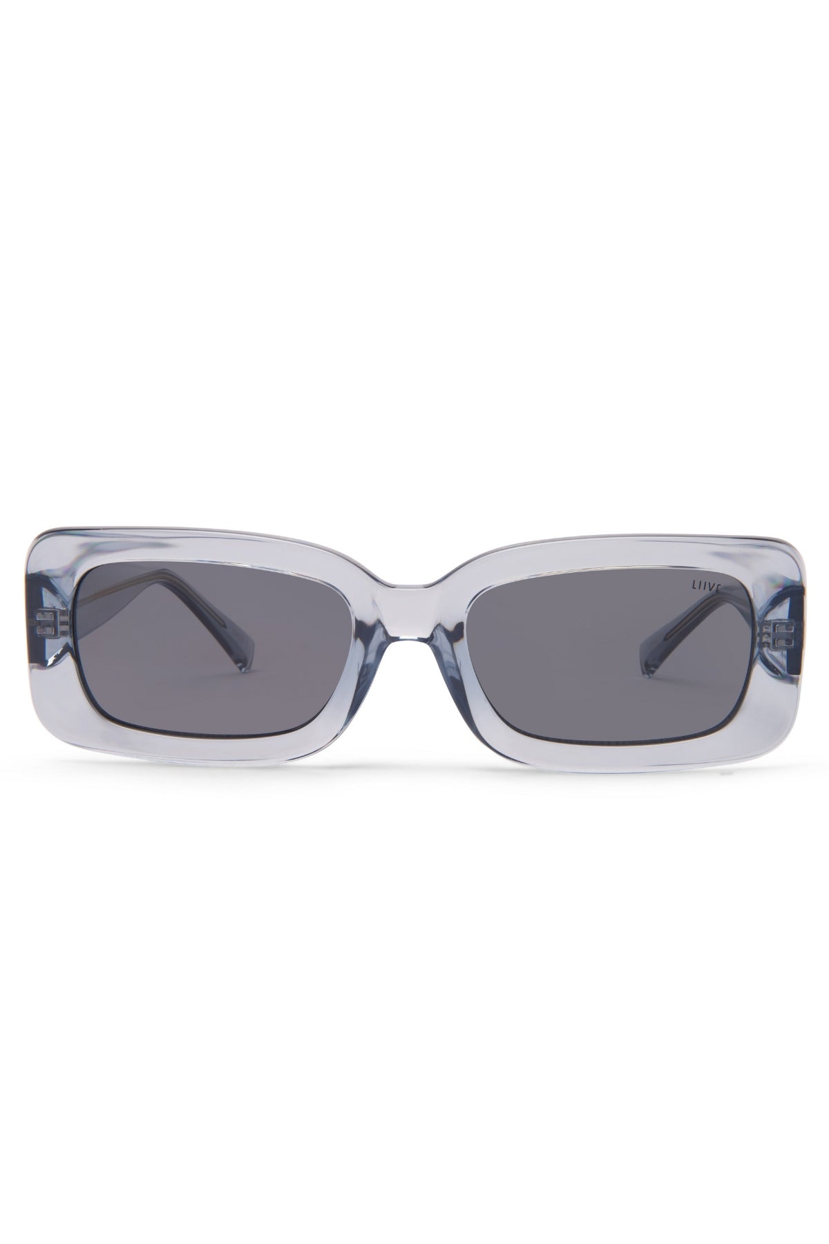 Liive Crush Sunglasses shown front-on, featuring rectangular light gray translucent frames and dark tinted lenses. These modern UV protection sunglasses channel vintage 90s style against a white background.