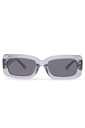 Liive Crush Sunglasses shown front-on, featuring rectangular light gray translucent frames and dark tinted lenses. These modern UV protection sunglasses channel vintage 90s style against a white background.