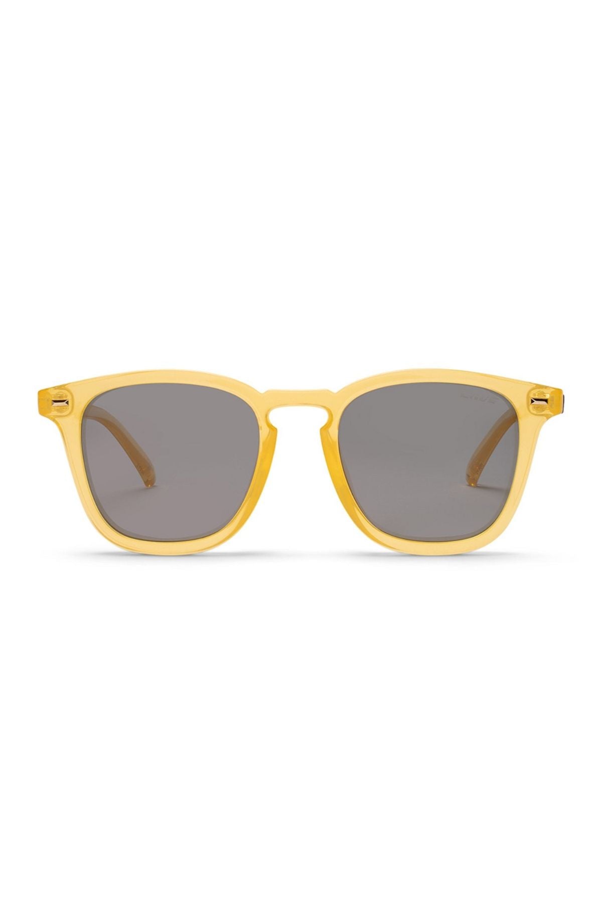 The Liive Del Ray Polarised Sunglasses feature yellow translucent square frames and dark rectangular lenses, displayed against a white background.