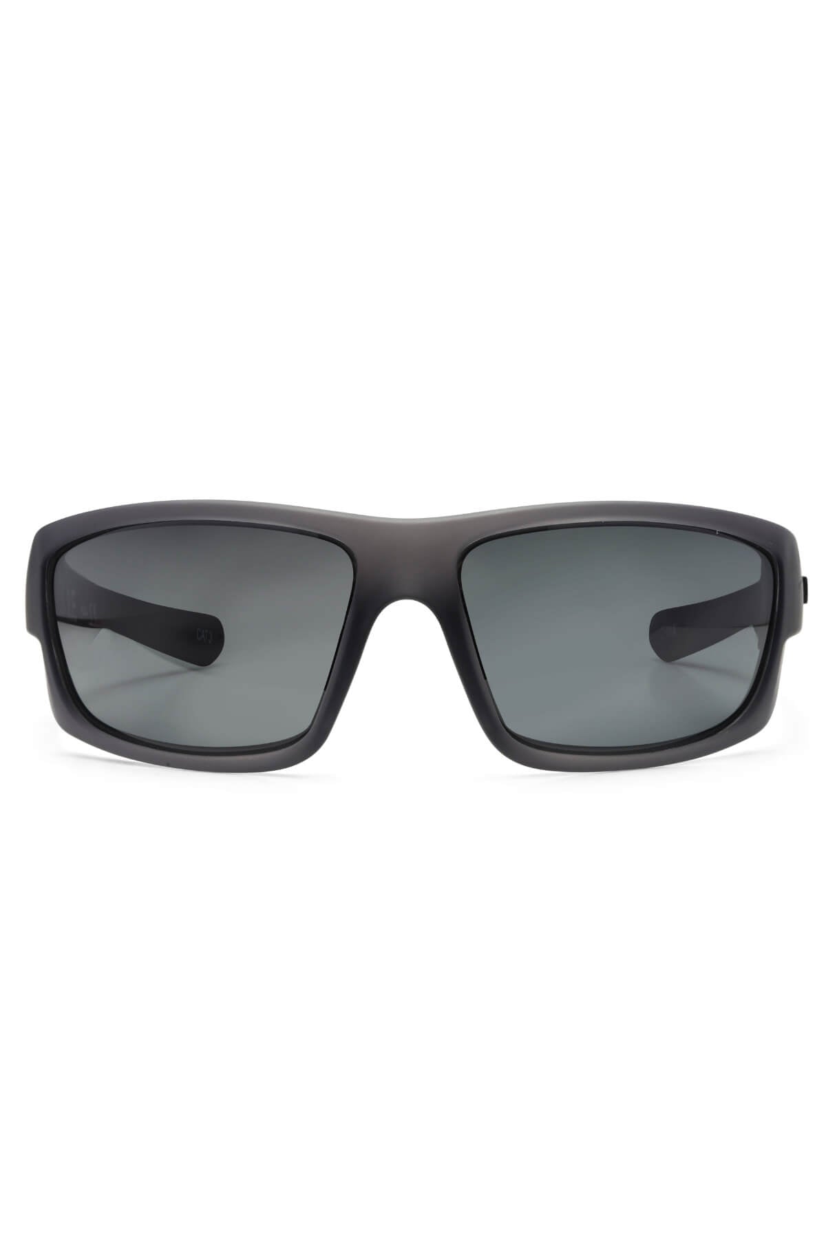 Front view of Liive Exile Polar Sunglasses in black with a lightweight rectangular frame and dark polarised lenses providing UV protection, shown on a white background.