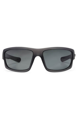 Front view of Liive Exile Polar Sunglasses in black with a lightweight rectangular frame and dark polarised lenses providing UV protection, shown on a white background.
