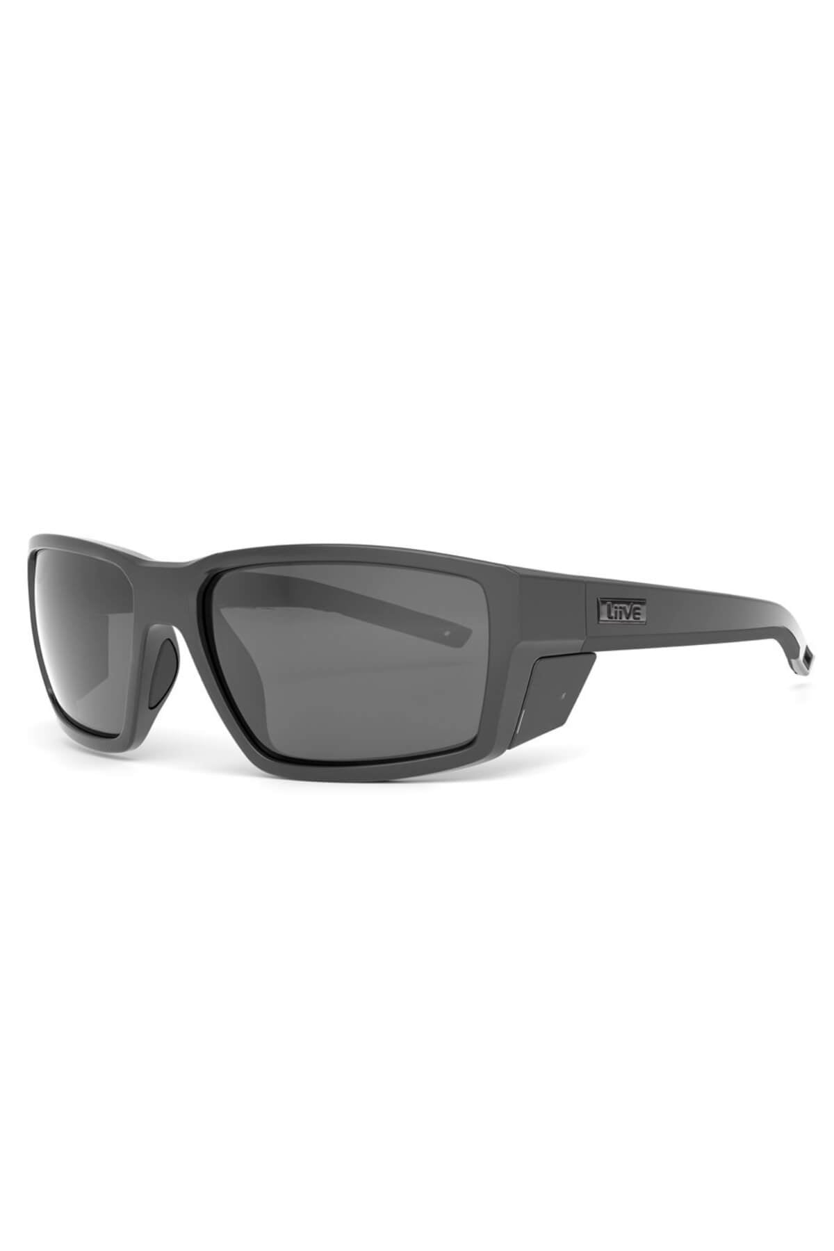 Liive Joe Blow Polar Sunglasses boast sleek black polarized lenses with a matte finish and subtle arm branding. Their modern wraparound design enhances sun protection, ideal for outdoor activities.