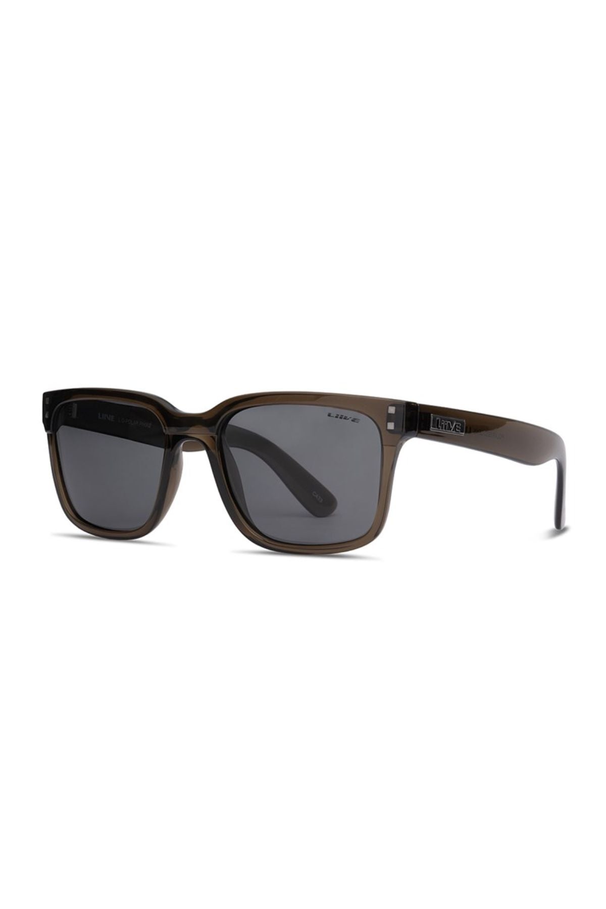 Liive L.D Polarised Sunglasses featuring rectangular dark lenses and a thick, translucent brown frame, displayed at an angle on a plain white background.