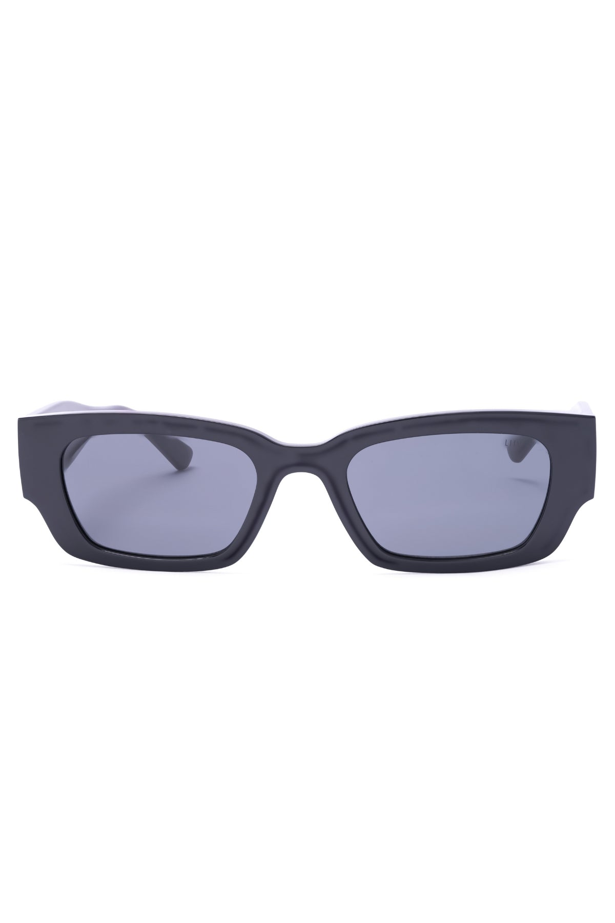 The stylish Liive LOBster Sunglasses boast a sleek black rectangular design with dark, UV-protective lenses in a lightweight polycarbonate frame, all set against an elegant white background.