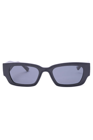 The stylish Liive LOBster Sunglasses boast a sleek black rectangular design with dark, UV-protective lenses in a lightweight polycarbonate frame, all set against an elegant white background.