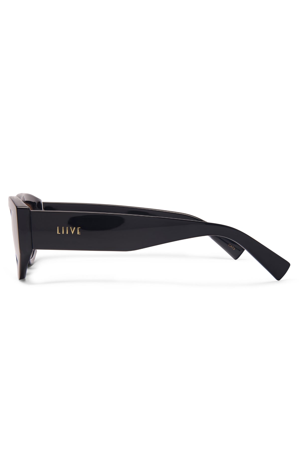 Side view of Liive Lulu Sunglasses with black polycarbonate frames, thick arms, and "LIIVE" in gold on the temple. Reliable UV protection. Displayed on a white background.