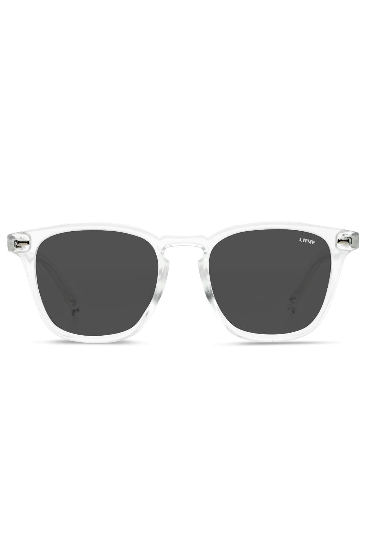 A pair of Liive Manhattan Polar Sunglasses, featuring lightweight polycarbonate frames and dark rectangular polarized lenses, is centered against a white background. The brand name "LEVI'S" is printed on the upper corner of the left lens.