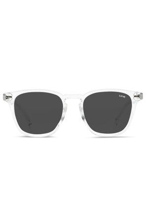 A pair of Liive Manhattan Polar Sunglasses, featuring lightweight polycarbonate frames and dark rectangular polarized lenses, is centered against a white background. The brand name "LEVI'S" is printed on the upper corner of the left lens.