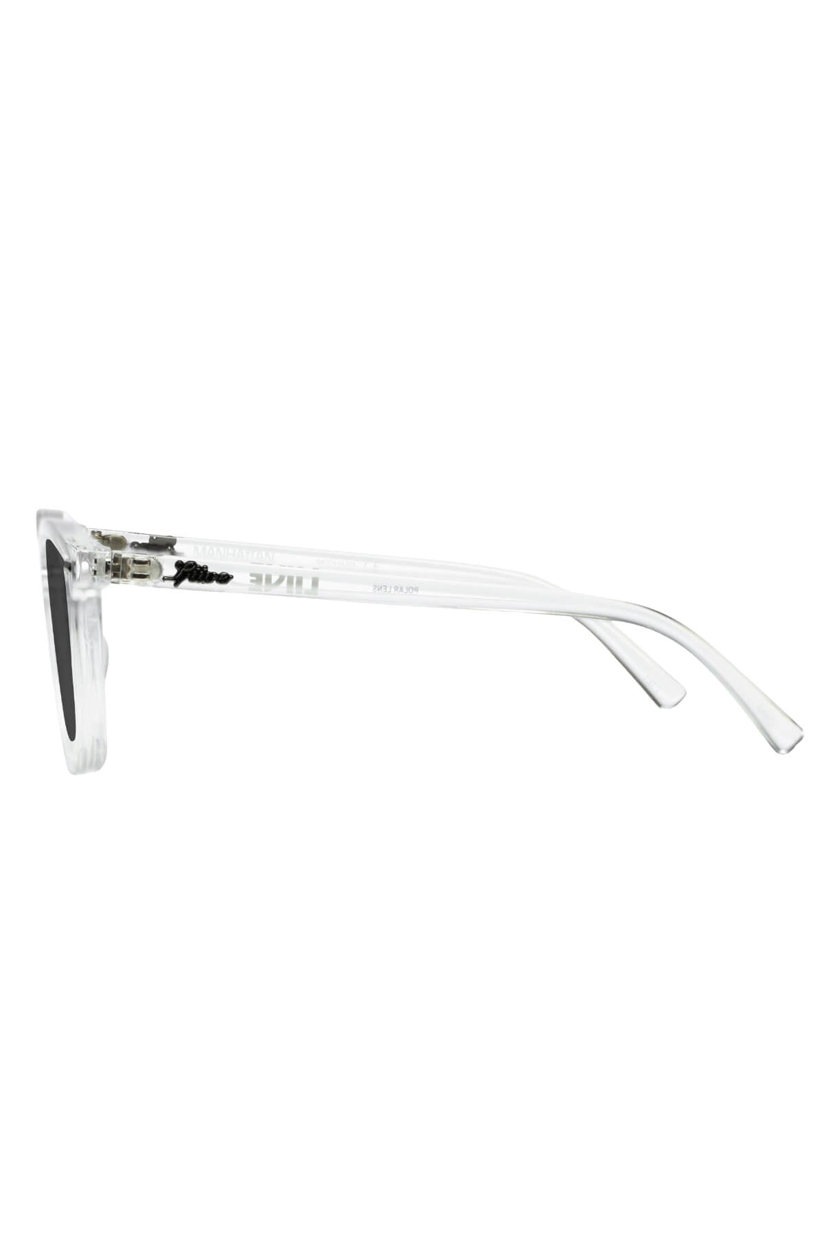 The Liive Manhattan Polar Sunglasses feature a pair of transparent, rectangular lenses with dark, polarized filters, viewed from the side. The lightweight polycarbonate frame and temple arms are clear, showcasing a minimalist and modern design that ensures UV protection.
