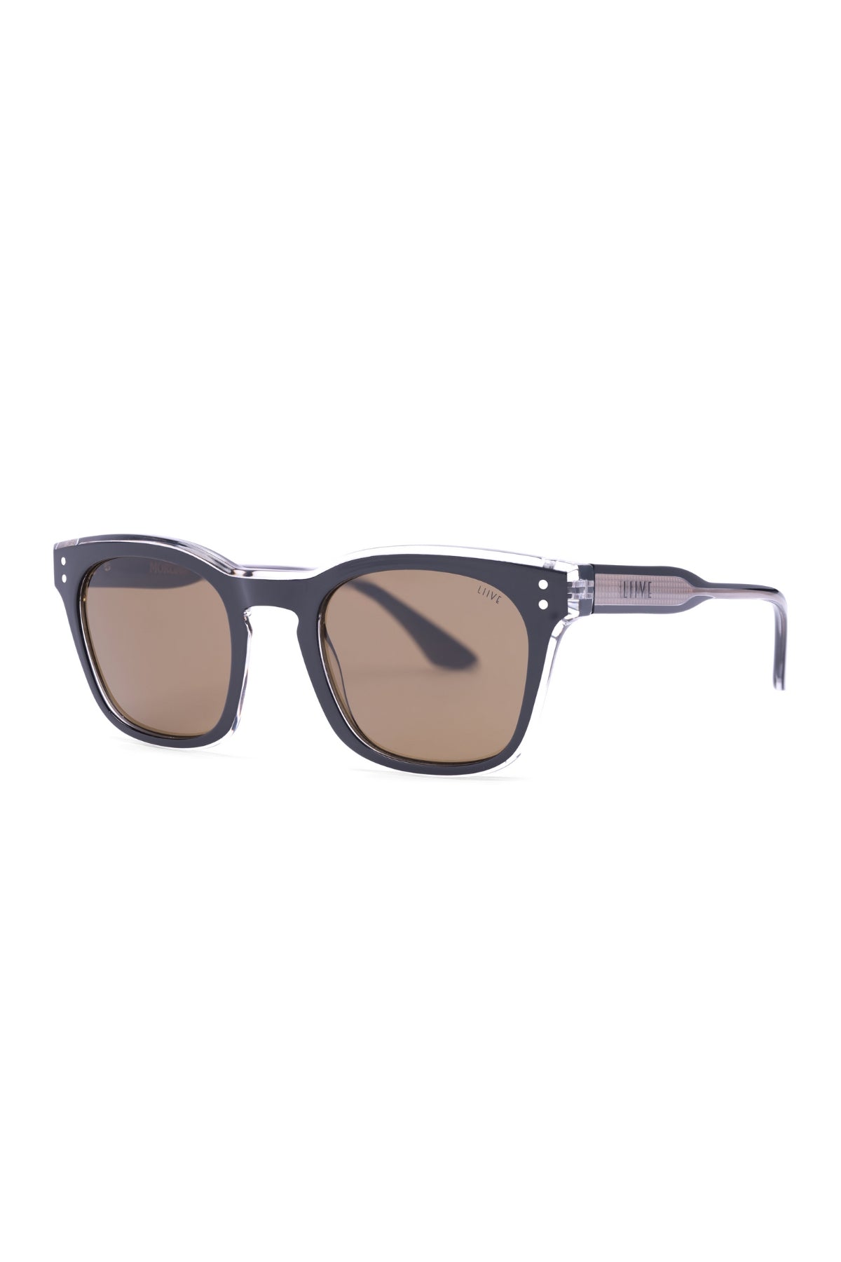 Liive Morgan Sunglasses feature a wayfarer shape with dark brown lenses and a glossy, semi-transparent gray frame for stylish UV protection. Displayed at an angle against a white background.