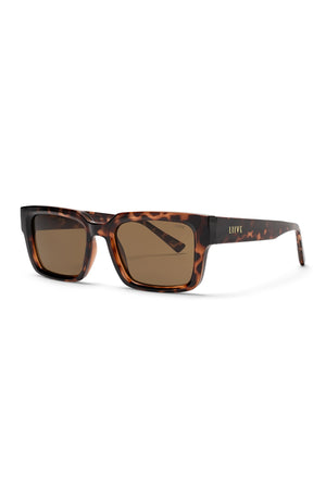 Liive Oney Sunglasses feature brown tortoiseshell rectangular frames, UV protection, brown tinted lenses, and the gold "Liive" logo on the arm.