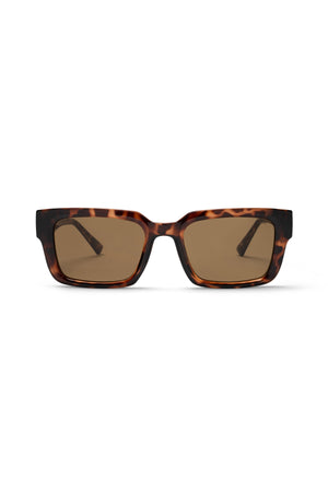 Liive Oney Sunglasses feature rectangular tortoise frames and dark brown lenses with UV protection, shown facing forward on a white background.