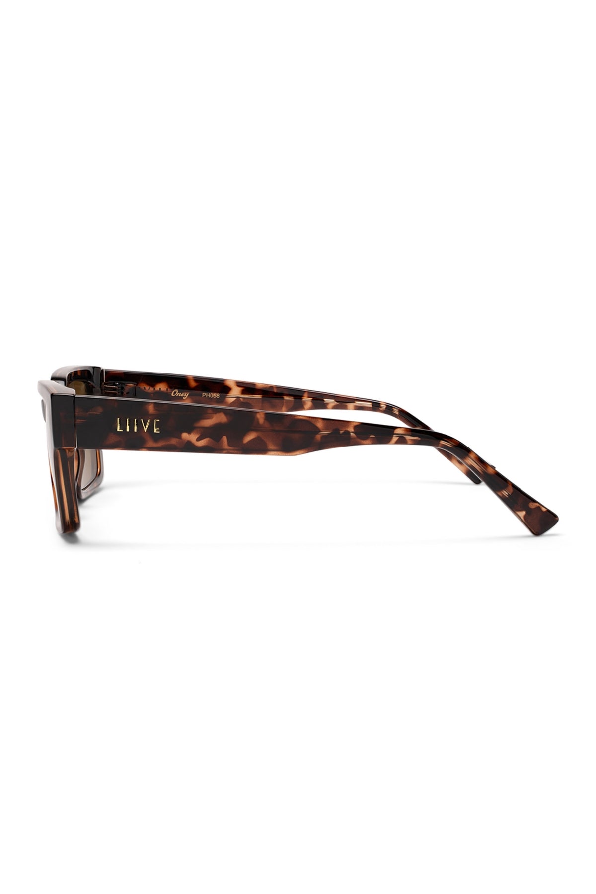 Side view of Liive Oney Sunglasses with brown tortoise frames and thick arms, featuring "LIIVE" in gold on the temple. These stylish sunglasses provide UV protection, shown on a white background.